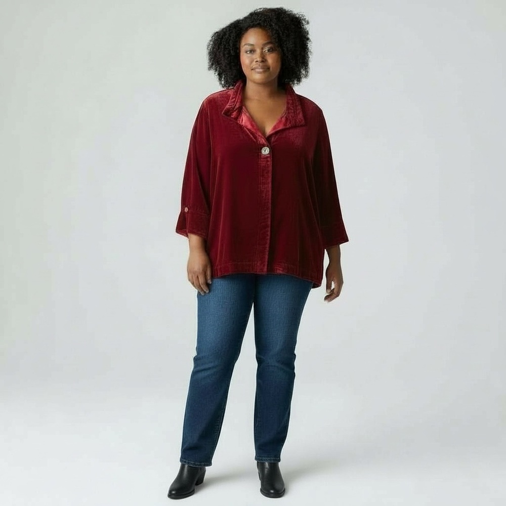 NWT John Mark Ruby Red Stretch Velvet Women’s Plus Tunic Top Button Up Blouse 3X